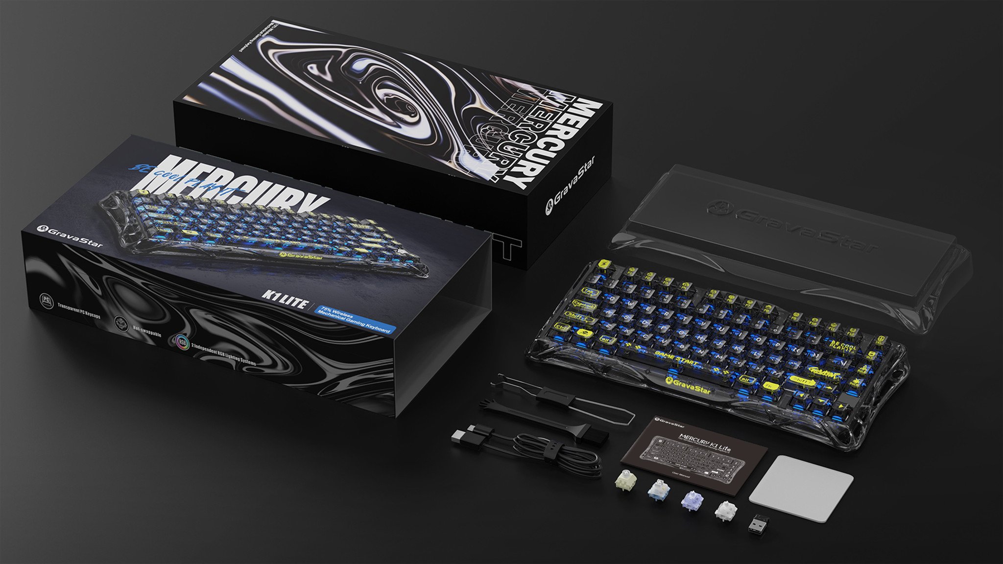 Bàn phím cơ Gravastar Mercury K1 Lite – Transparent Black (3 Mode | Gasket Mount | Hot-swap 5 pin | Led RGB) - Ảnh 3